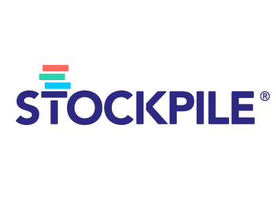 Stockpile logo in blue font and a clear background.